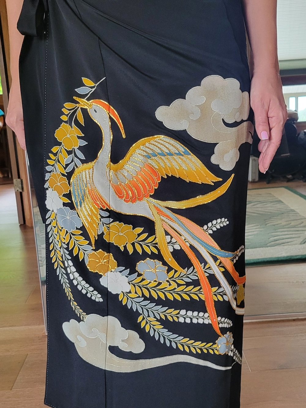 Hand Crafted Black Swim Sarong with Gold, Orange & Cream Crane Motif